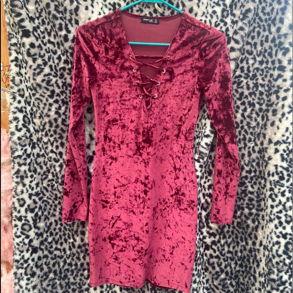 Long sleeve burgundy velvet minidress with lace up front by Popular Basics